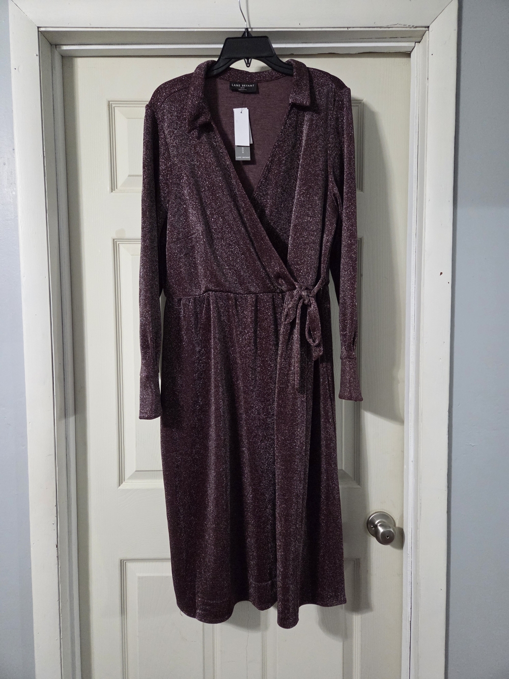 Lane Bryant Lurex Faux-Wrap Collar Midi Dress Deep Cranberry Shimmer NWT